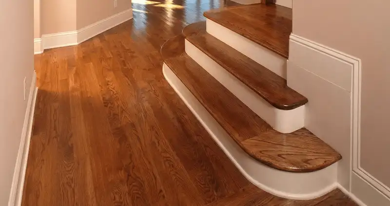 Base floor of a staircase with professionally restored wood flooring in Glendale AZ