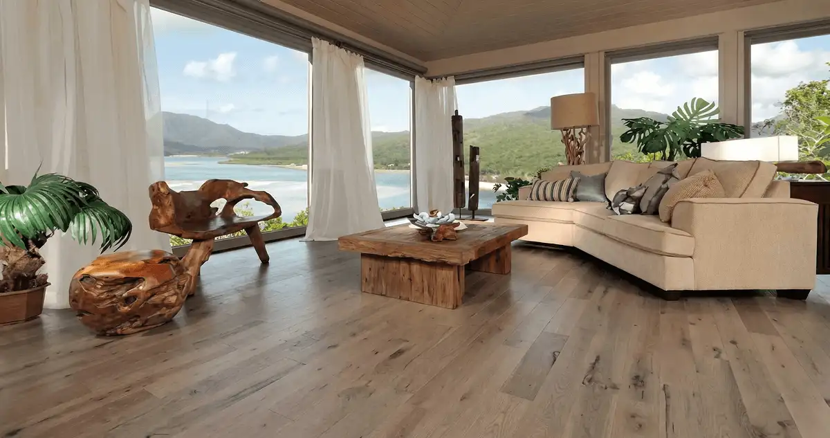Professionally installed vinyl flooring in a modern living room with large windows in Glendale, AZ